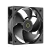 Close-up, face-on view of a single black-framed Ocypus fan with solid black blades.