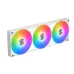 Close-up of the white Xigmatek Connect Pro 360 Arctic radiator with three fans displaying rainbow RGB lighting.