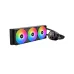 Black Xigmatek LK Pro 360 Digital AIO cooler with RGB fans and pump head showing CPU/GPU temperature/load.