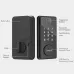Interior and exterior view of SmartX SX-DBL05 Door Lock showing fingerprint reader, keypad, card area, and emergency USB port.