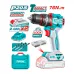 Kit layout of TOTAL TIDLI20768 Drill Machine with dual batteries, charger, drill bits, and teal carrying case.