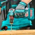 Action shot of TOTAL TIDLI426982 Drill Machine boring into wood beam with visible shavings and dust spray.