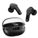 An open black boAt Airdopes 311 Pro charging case with the two black stem-style earbuds floating above it.