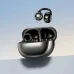 A shiny dark gray BWOO BO-BW39 open-ear earbud hovers above its open charging case.
