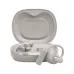 Front view of JBL Sense Pro earbuds in grey charging case with ergonomic ear hooks and compact rounded design.