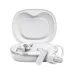 Angled view of JBL Sense Pro earbuds in white case with metallic accents and logo visible on earbuds and lid interior.