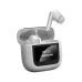 Monster TH300 earbuds in white resting inside an open charging case with a visible battery display.