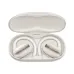 Angled top view of QCY Crossky GTR2 Wireless Earbuds with ear hooks seated in molded charging case for secure fit and portability.
