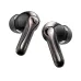 Close-up of a pair of black SoundPEATS Air5 Pro earbuds. The earbuds feature metallic rose-gold accents on the stems with a perforated texture and a brand logo.