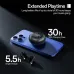 Black Weofly LifeFits Earbuds displayed beside a phone with the charging case on top showing extended playtime.