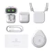 Top-down layout of the AIBI Pocket AI Pet with its accessories including strap, case, charger, and manual.