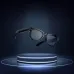 The black Zeblaze AI Shooting Glasses floating above a glowing blue-lit futuristic pedestal on a dark background.