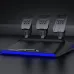 Close-up of the PXN V99 EU FFB racing wheel's three-pedal unit with a black and blue design, illuminated with blue light.