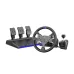 The PXN V99 EU FFB racing setup: force feedback wheel, three-pedal unit with blue lighting, and external shifter.