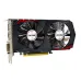 Front angled view of AFOX GTX 1050 Ti 4GB GPU with dual cooling fans, black-red shroud, and PCIe connector.