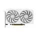 Angled front view of ASUS Dual Radeon RX 9060 XT 16GB GDDR6 White Graphics Card showing dual cooling fans and PCIe connector.