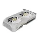 Front view of ZOTAC GAMING GeForce RTX 5060 Ti 16GB Twin Edge OC White GPU showing dual gold-logo fans and angular shroud.