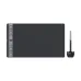 Huion Inspiroy 2 L pen tablet in black, featuring a side panel with eight programmable express keys, a Scroller, and a digital pen with its donut-style holder.