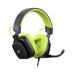 A front-angled view of the black and lime green Havit H2048U gaming headset with a microphone.