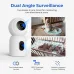 Surveillance split-screen view of IMILAB C30 WiFi Camera showing dual-angle monitoring of dog and baby.