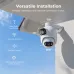 Exterior wall view of IMILAB EC6 Dual WiFi Camera showing pan-tilt angles and weatherproof design with WiFi 6 support.