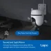 Security view of TP-Link Tapo C530WS WiFi Camera with sound and light alarm deterring intruders near a parked car.