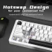 Angled view of Furycube E68 Pro Keyboard showing hotswap switches, keycap puller, and purple-yellow stem design.