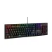 Top-down view of the Rapoo GK500 Backlit Mechanical Gaming Keyboard highlighting 104 keys, blue switches, and uniform backlit keys.