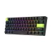Angled view of the black Royal Kludge RK C61 60% mechanical keyboard, showing multicolored RGB lighting on keys.