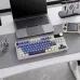 Royal Kludge RK S85 TKL keyboard on a desk next to a laptop and handheld console, showing the screen and knob.