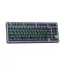 Top-down view of the Royal Kludge RK X87 mechanical keyboard with a purple frame and teal/blue key backlighting.