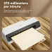 Angled view of Deli ET100 Laminating Machine in action, highlighting 270mm/min peak lamination speed.