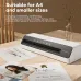 Top view of Deli ET100 Laminating Machine on desk with laminated certificate and sketch, showing A4 compatibility.