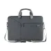 Front view of a gray fabric Bwoo CB15-B laptop bag with shoulder strap and multiple zippered pockets.