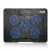 Overhead view of BlackCat BC16 Laptop Cooler with vibrant blue LED fans and sturdy ledge for laptop stability.