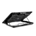 Angled rear view of BlackCat BC16 Laptop Cooler showing USB ports, power switch, and elevated metal stand.
