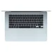 MacBook Air 15 M4 Sky Blue top view with black keys and centered touchpad, highlighting ergonomic keyboard layout.