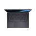 Top-down view of slim modern laptop with black keyboard, large touchpad, and screen showing gradient interface.