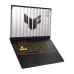 ASUS TUF Gaming F16 FX608JHI laptop open with yellow backlit keyboard, highlighted WASD keys, and TUF logo display.