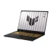 ASUS TUF Gaming F16 FX608JMI laptop open at angle with TUF logo on screen and rugged black chassis design.