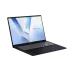 Angled front view of ASUS Vivobook 16 F1607CA Laptop displaying stylized screen and sleek silver keyboard design.