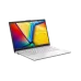Angled front view of ASUS Vivobook Go 14 L1404FA Laptop displaying colorful screen and modern white keyboard layout.