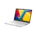Front view of ASUS Vivobook Go 14 L1404FA Laptop with vibrant screen and white keyboard in a sleek silver chassis.