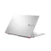 Partially open ASUS Vivobook Go 15 E1504TA laptop with metallic lid design, orange hinge accents, and branding.