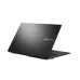 Partially open ASUS Vivobook Go 15 E1504TA laptop with metallic lid design, orange hinge accents, and branding.