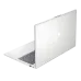 A light silver HP 15-fr0077TU laptop shown partially open from the rear, revealing the silver top cover and keyboard deck.