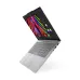 Angled view of Lenovo Yoga Pro 7 14IAH10 Laptop showing rainbow editing interface and slim silver keyboard design.