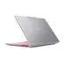 An angled view of the back of the silver Lenovo Yoga Pro 7 14IAH10 laptop in a slightly open position, showing the USB ports and the rose-gold/pink base.