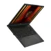Front-right high angle of the MSI Stealth A16 AI+ A3XWJG gaming laptop open, highlighting the keyboard and bright screen.