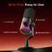 Front view of Maono PD100W Wireless/USB Dynamic Microphone on stand, highlighting mute tap, pop filter, and RGB-lit base.